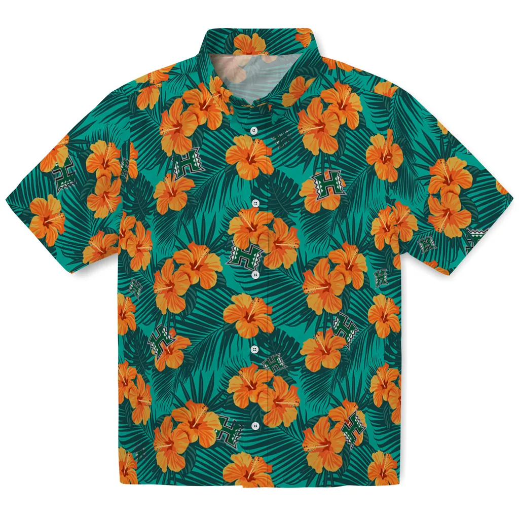 Hawaii Rainbow Warriors Hawaiian Shirt - Hibiscus and Palm Leaves hawaii rainbow warriors hibiscus escape green hawaiian shirts best selling
