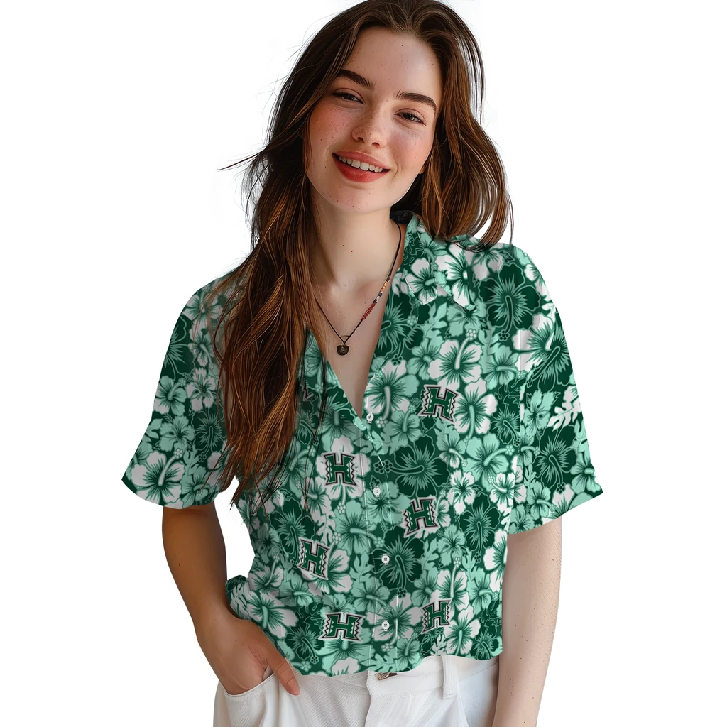 Hawaii Rainbow Warriors Hawaiian Shirt - Hibiscus Blooms hawaii rainbow warriors hibiscus blooms green hawaiian shirts latest model