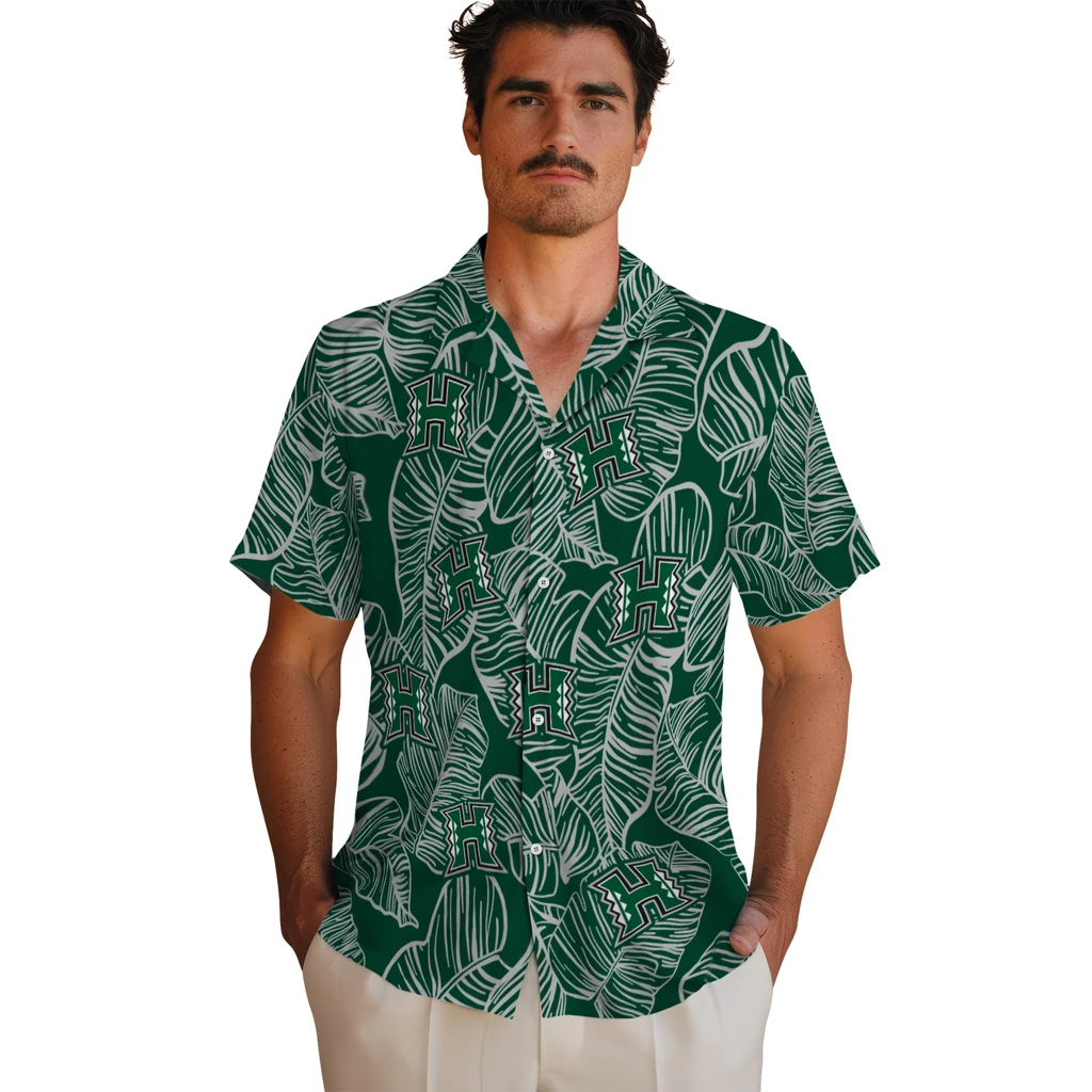 Hawaii Rainbow Warriors Hawaiian Shirt - Leaf Outline hawaii rainbow warriors leaf outline green hawaiian shirts fashion forward