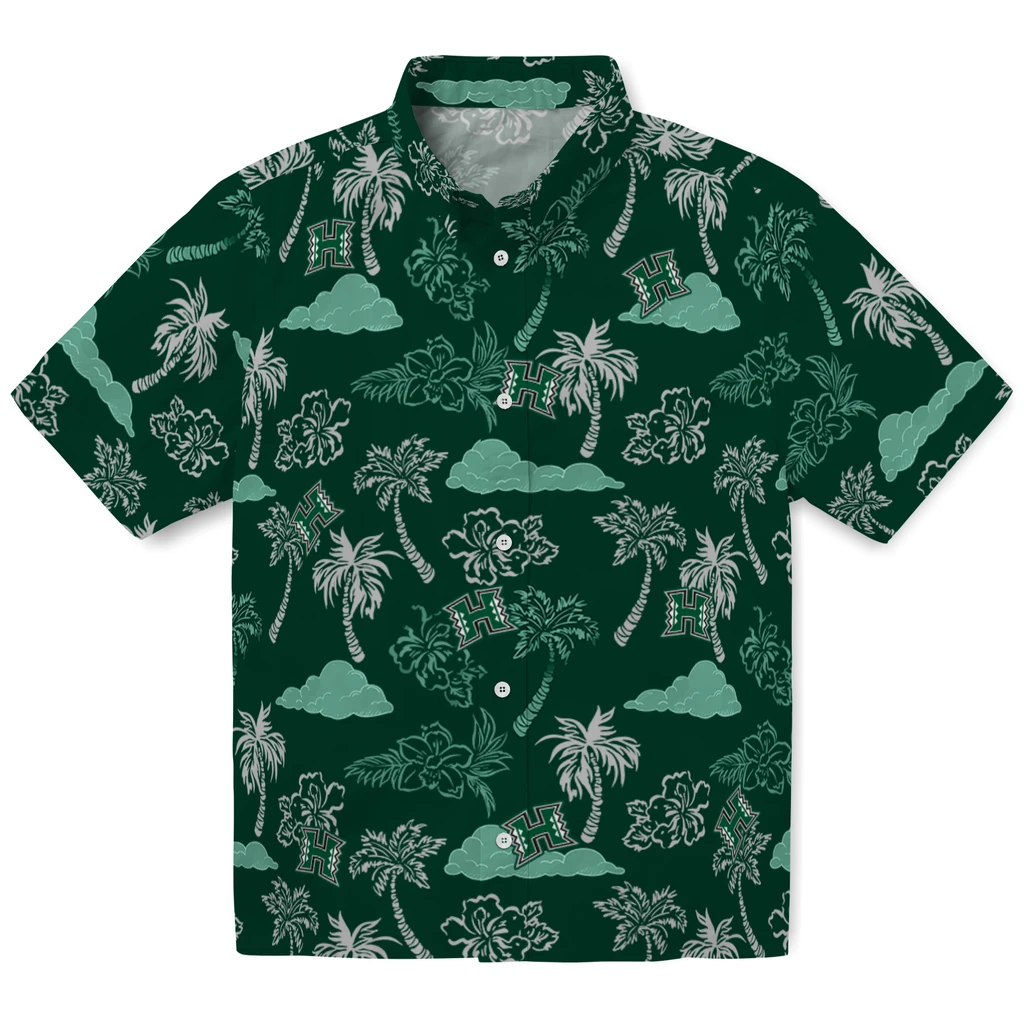 Hawaii Rainbow Warriors Hawaiian Shirt - Palm And Clouds hawaii rainbow warriors palm and clouds green hawaiian shirts best selling