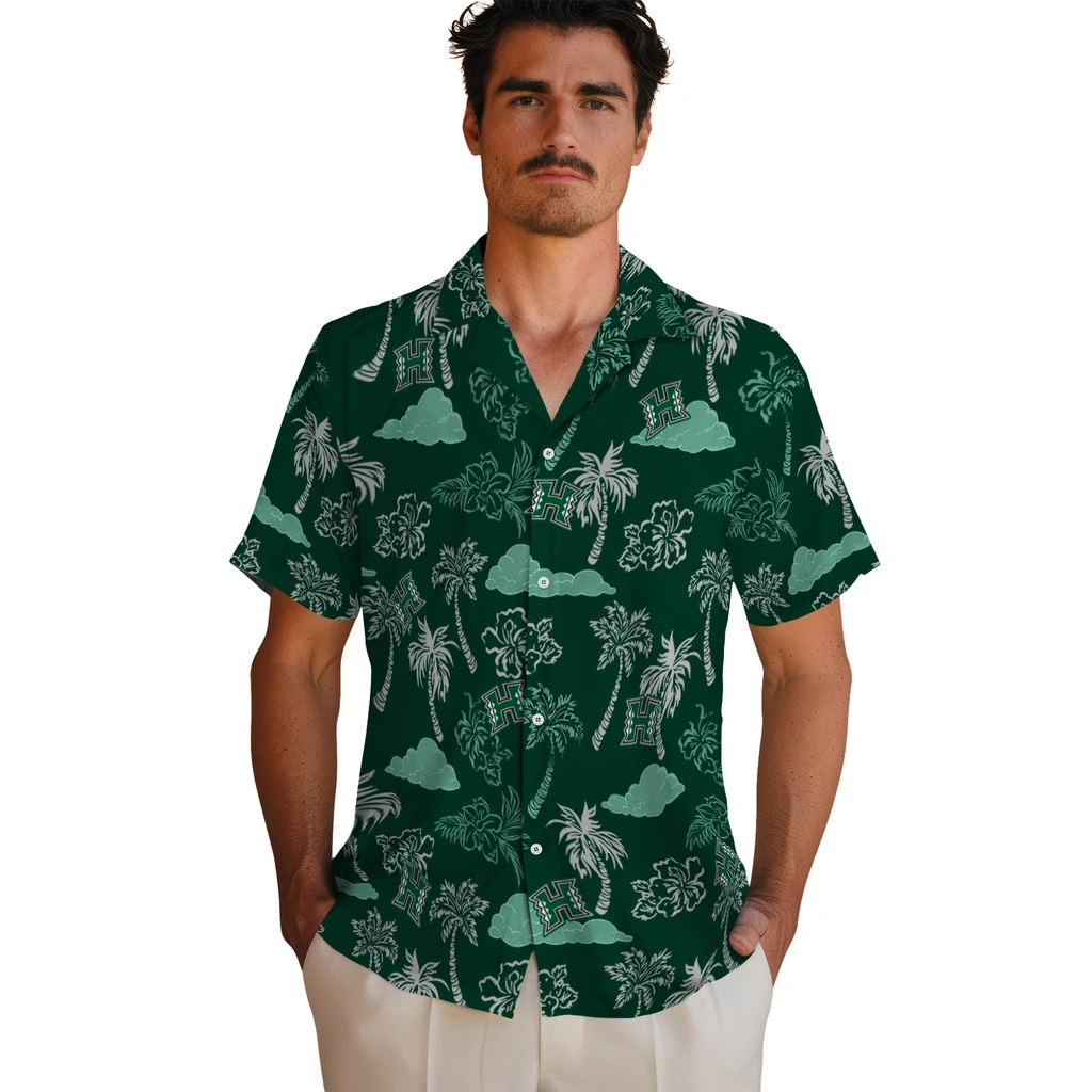Hawaii Rainbow Warriors Hawaiian Shirt - Palm And Clouds hawaii rainbow warriors palm and clouds green hawaiian shirts fashion forward