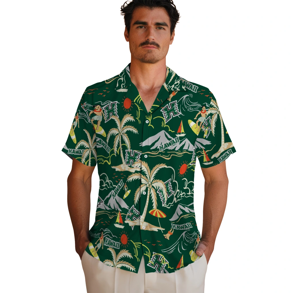 Hawaii Rainbow Warriors Hawaiian Shirt - Palm Tree Island hawaii rainbow warriors palm tree island green hawaiian shirts fashion forward