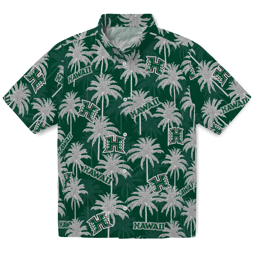 Hawaii Rainbow Warriors Hawaiian Shirt - Palm Tree Motif hawaii rainbow warriors palm grove green hawaiian shirts best selling