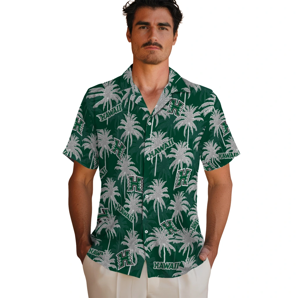 Hawaii Rainbow Warriors Hawaiian Shirt - Palm Tree Motif hawaii rainbow warriors palm grove green hawaiian shirts fashion forward