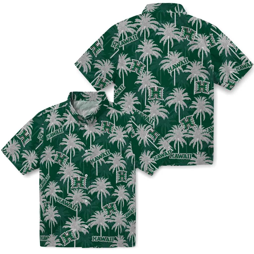 Hawaii Rainbow Warriors Hawaiian Shirt - Palm Tree Motif hawaii rainbow warriors palm grove green hawaiian shirts high quality