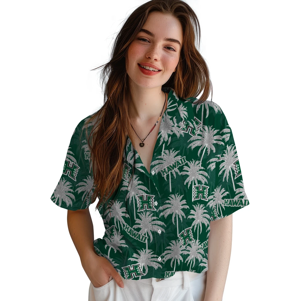 Hawaii Rainbow Warriors Hawaiian Shirt - Palm Tree Motif hawaii rainbow warriors palm grove green hawaiian shirts latest model