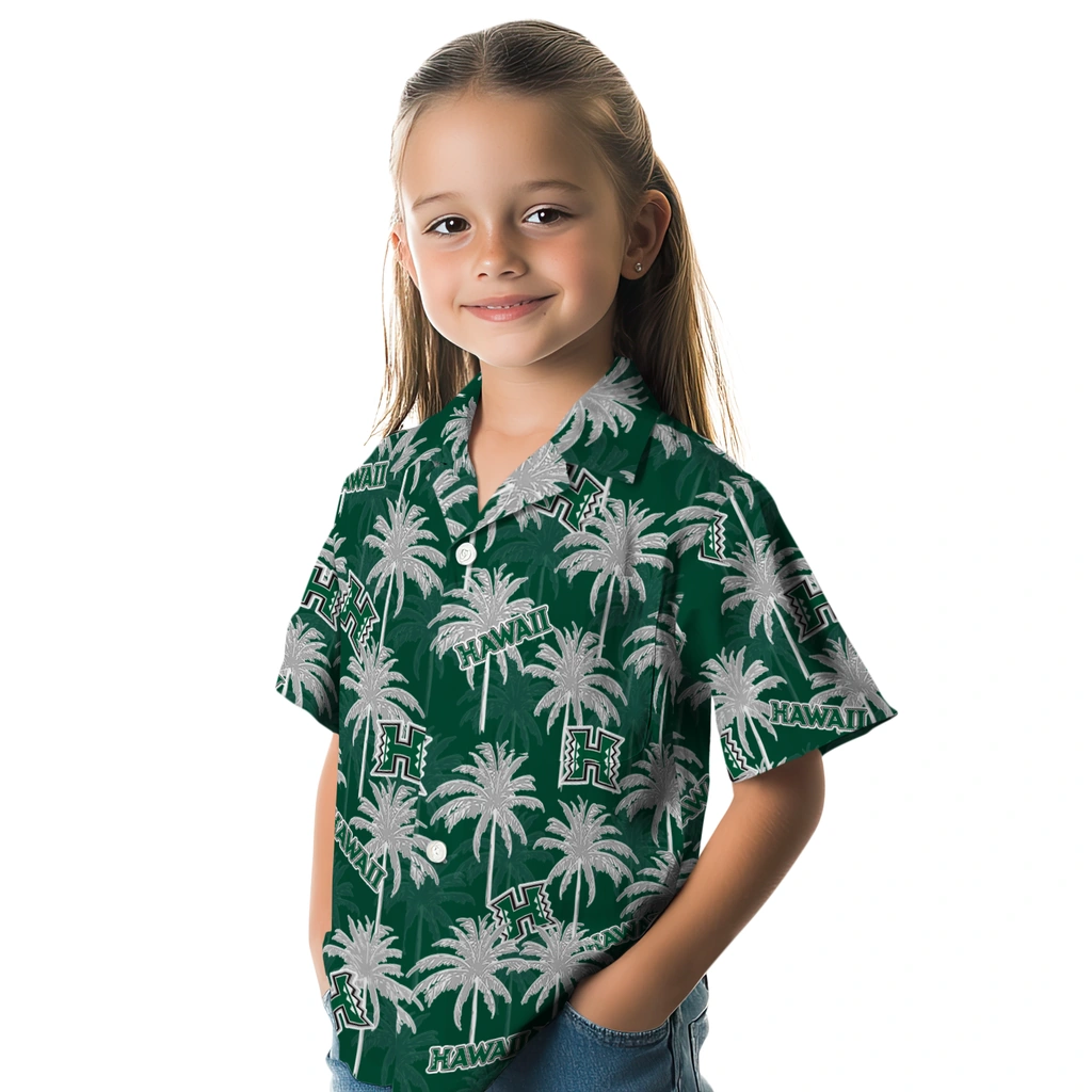 Hawaii Rainbow Warriors Hawaiian Shirt - Palm Tree Motif hawaii rainbow warriors palm grove green hawaiian shirts premium grade