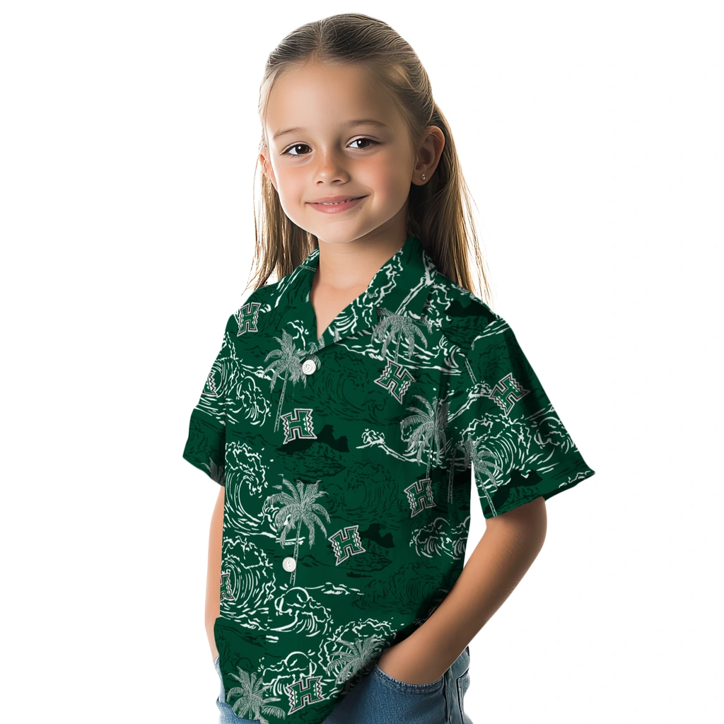 Hawaii Rainbow Warriors Hawaiian Shirt - Wave Palm hawaii rainbow warriors wave palm green hawaiian shirts premium grade