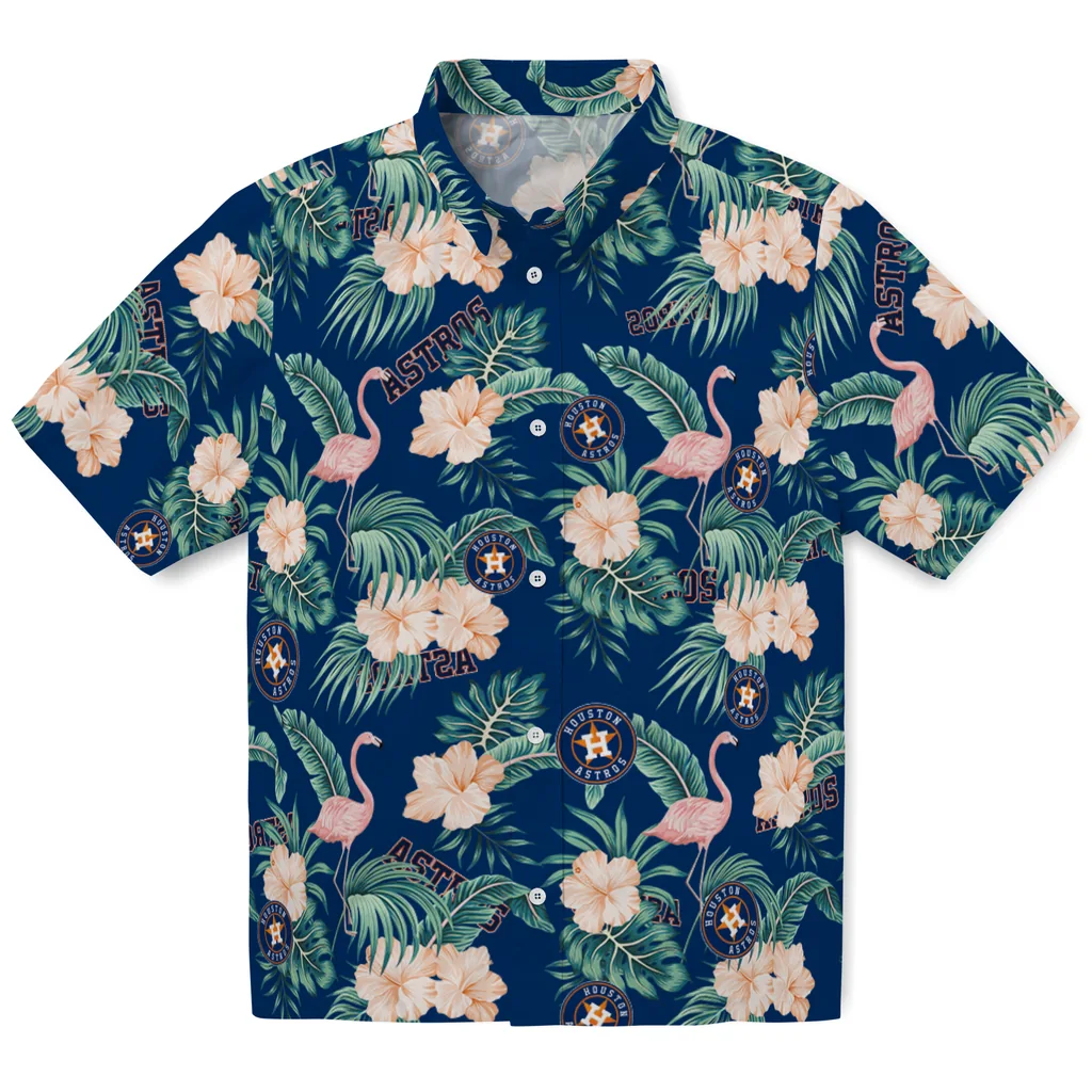 Houston Astros Hawaiian Shirt - Flamingo and Hibiscus houston astros flamingo palms blue hawaiian shirts best selling