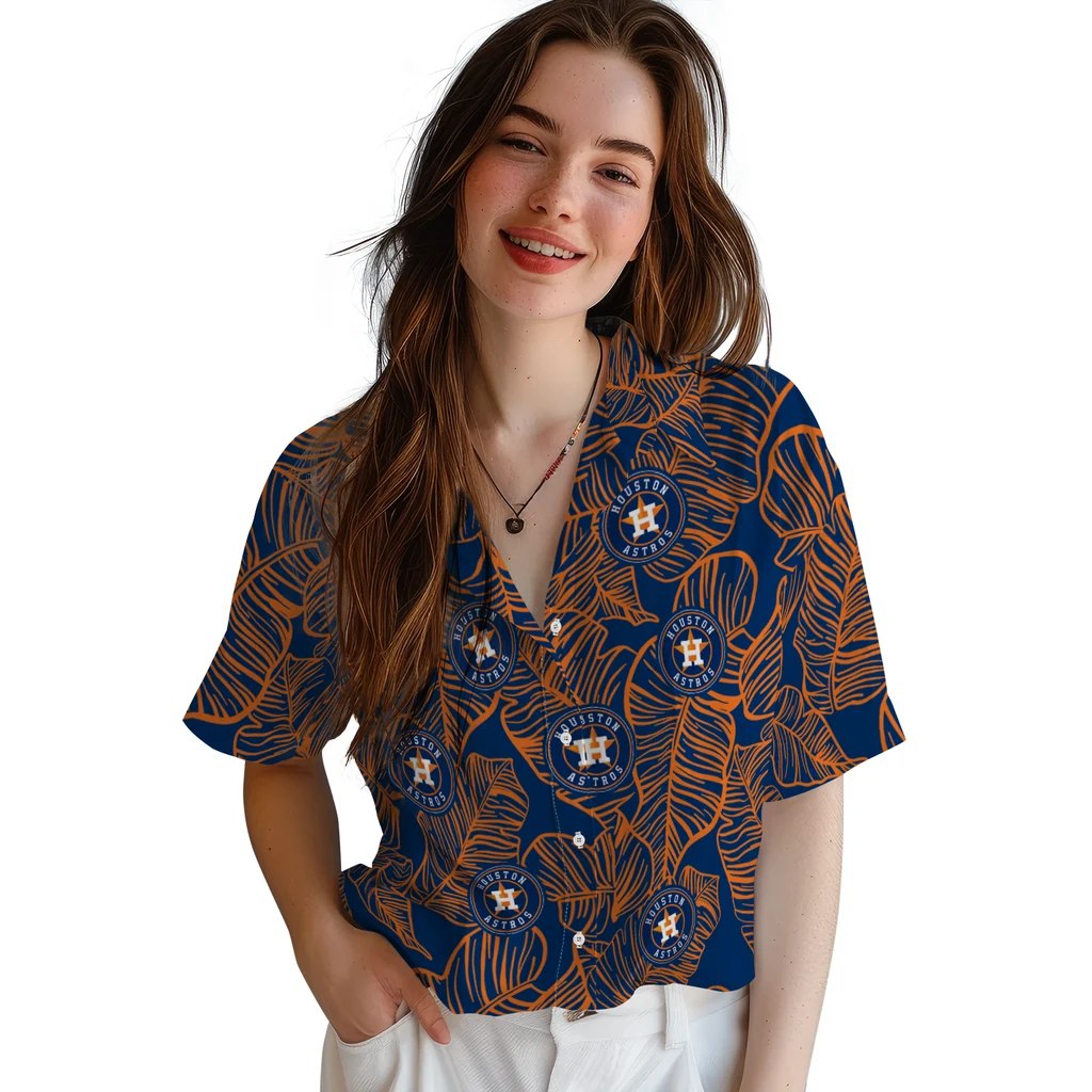 Houston Astros Hawaiian Shirt - Leaf Outline houston astros leaf outline blue hawaiian shirts latest model