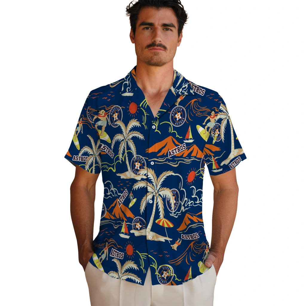 Houston Astros Hawaiian Shirt - Palm Tree Island houston astros palm tree island blue hawaiian shirts fashion forward