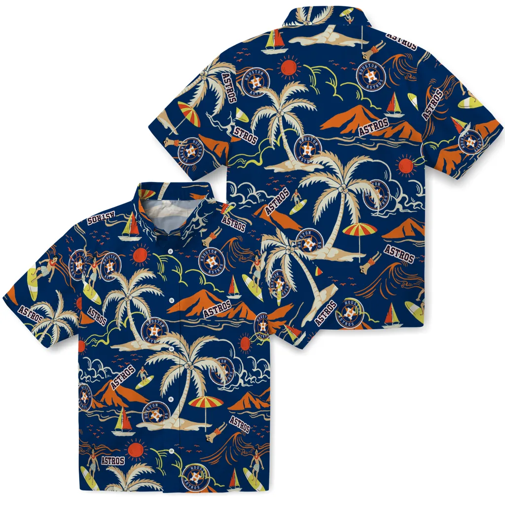 Houston Astros Hawaiian Shirt - Palm Tree Island houston astros palm tree island blue hawaiian shirts high quality