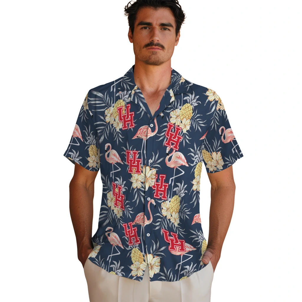 Houston Cougars Hawaiian Shirt - Flamingo Hibiscus houston cougars flamingo hibiscus navy hawaiian shirts fashion forward
