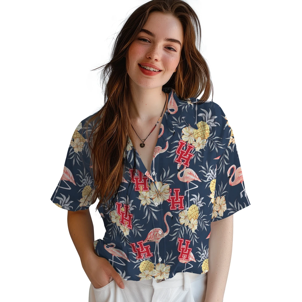 Houston Cougars Hawaiian Shirt - Flamingo Hibiscus houston cougars flamingo hibiscus navy hawaiian shirts latest model