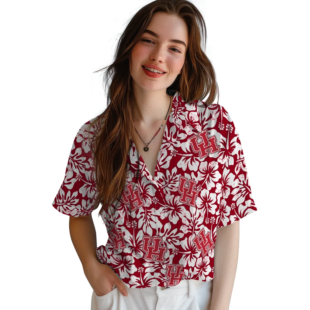 Houston Cougars Hawaiian Shirt - Hibiscus Motif houston cougars hibiscus motif red white hawaiian shirts latest model