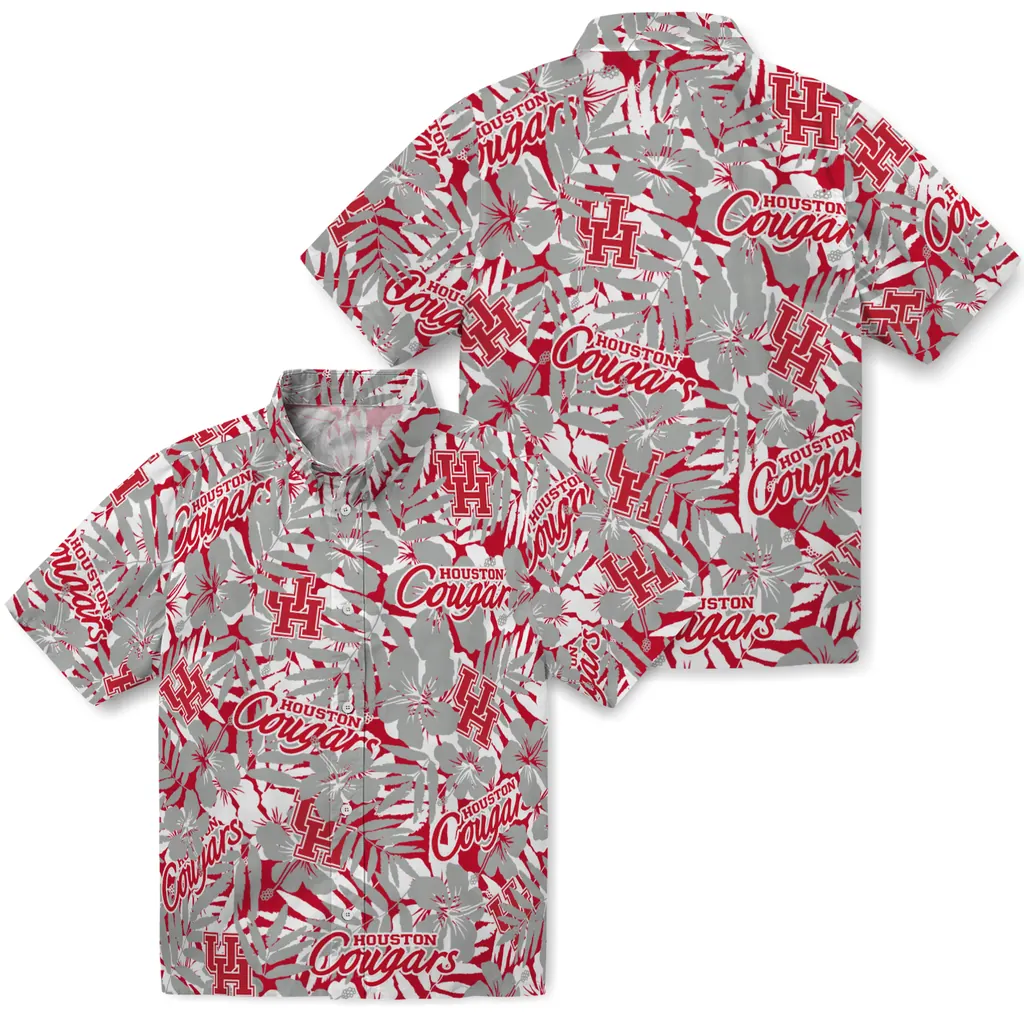 Houston Cougars Hawaiian Shirt - Hibiscus Overlay houston cougars hibiscus overlay hawaiian shirts high quality