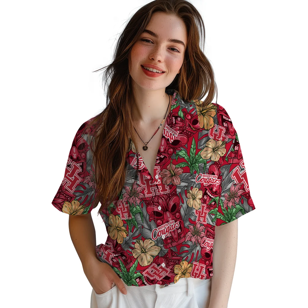 Houston Cougars Hawaiian Shirt - Hibiscus Tiki Jungle houston cougars tiki jungle red hawaiian shirts latest model