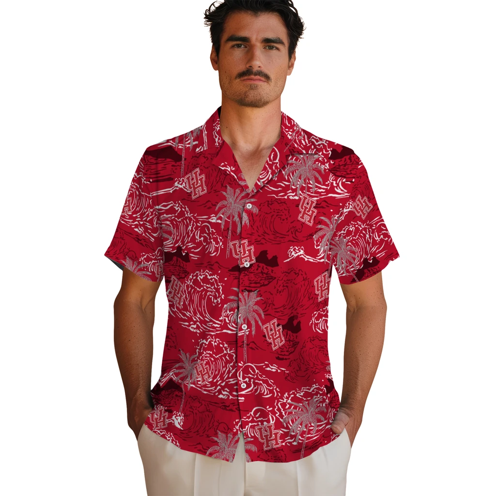 Houston Cougars Hawaiian Shirt - Wave Palm houston cougars wave palm red hawaiian shirts fashion forward