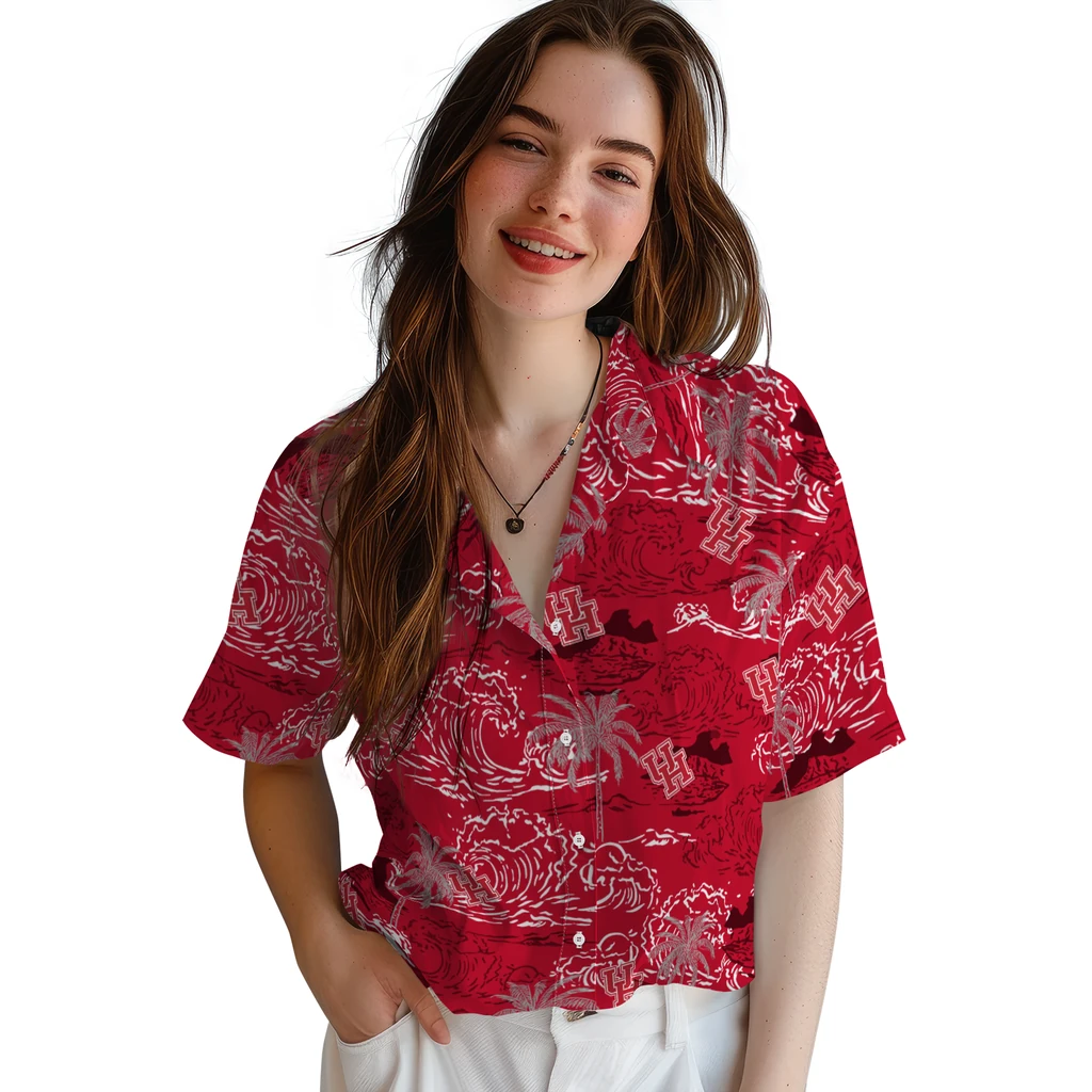 Houston Cougars Hawaiian Shirt - Wave Palm houston cougars wave palm red hawaiian shirts latest model