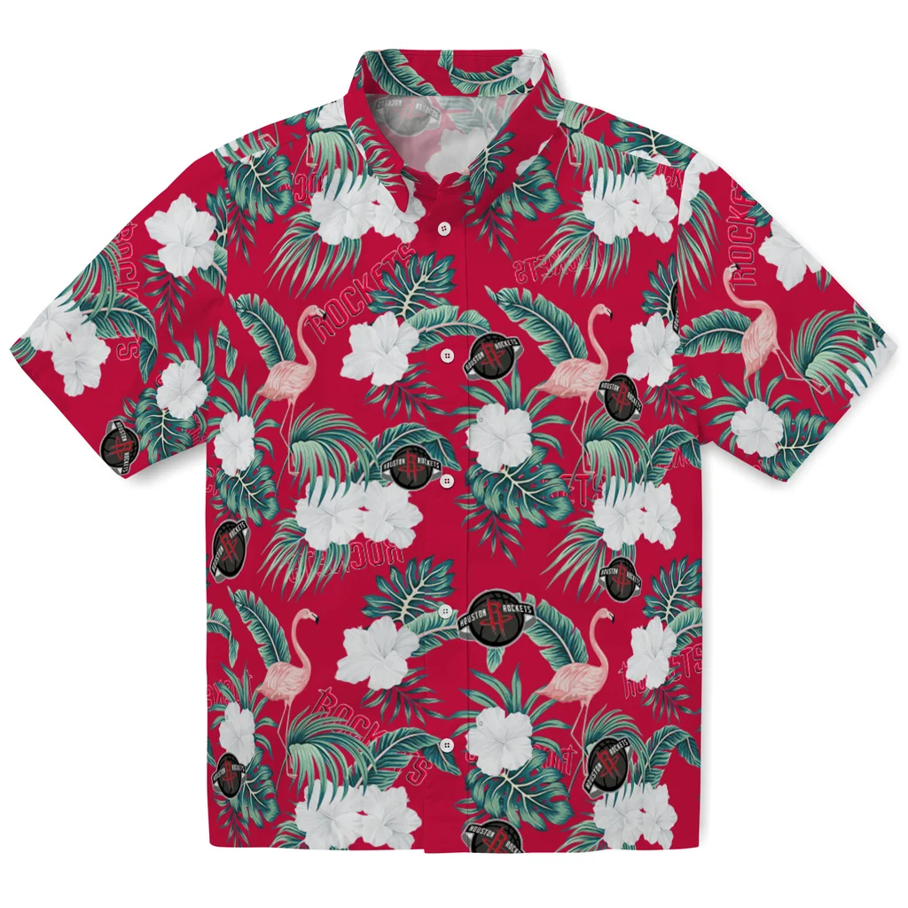Houston Rockets Hawaiian Shirt - Flamingo and Hibiscus houston rockets flamingo palms red hawaiian shirts best selling