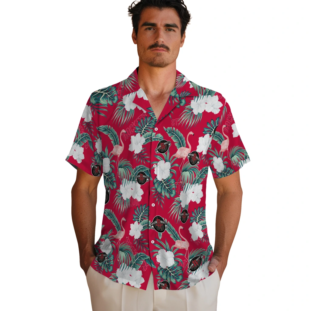 Houston Rockets Hawaiian Shirt - Flamingo and Hibiscus houston rockets flamingo palms red hawaiian shirts fashion forward