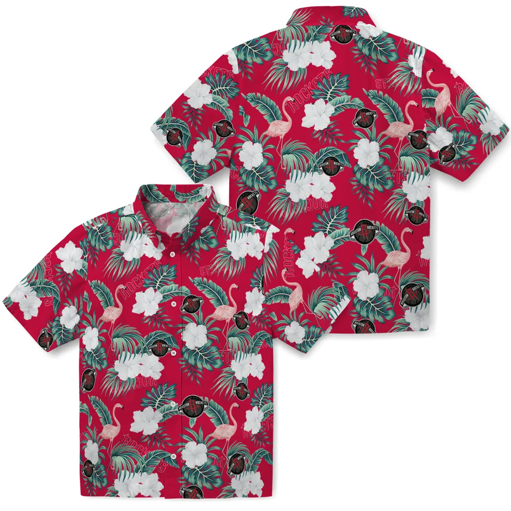 Houston Rockets Hawaiian Shirt - Flamingo and Hibiscus houston rockets flamingo palms red hawaiian shirts high quality
