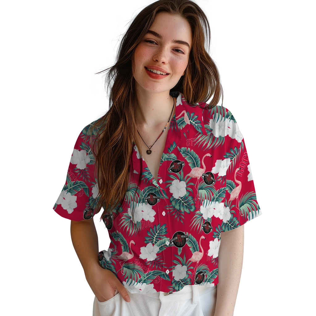 Houston Rockets Hawaiian Shirt - Flamingo and Hibiscus houston rockets flamingo palms red hawaiian shirts latest model