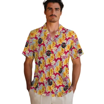 houston rockets hibiscus tropics red yellow hawaiian shirts fashion forward