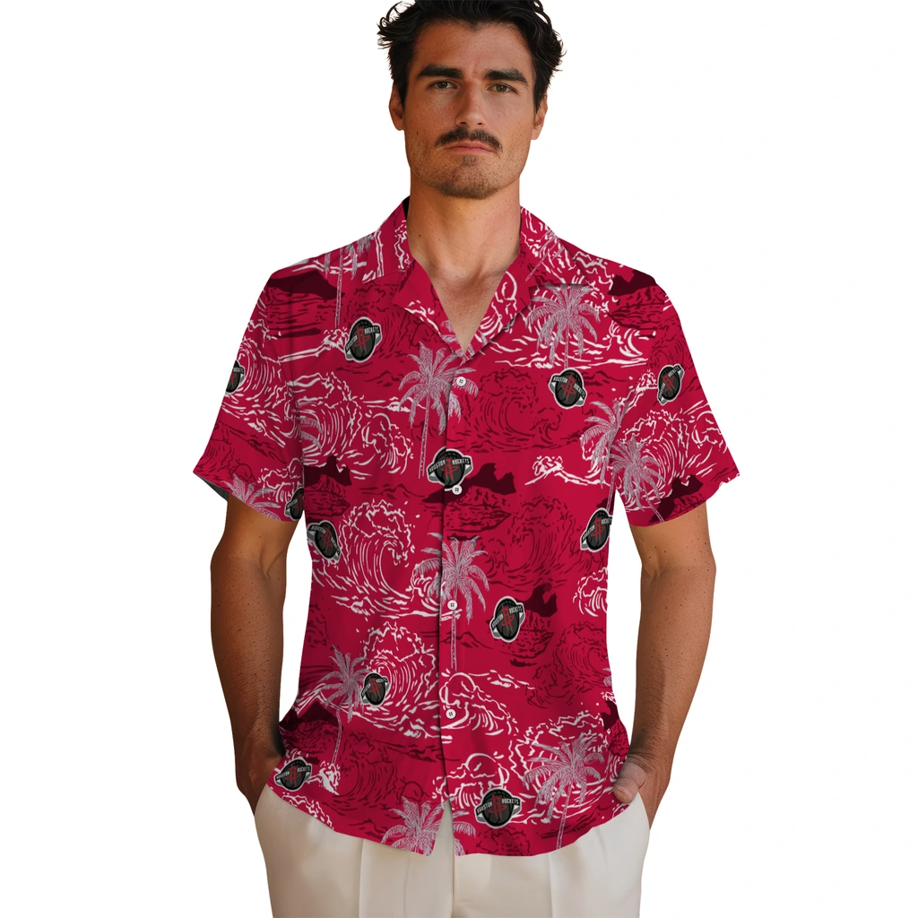 Houston Rockets Hawaiian Shirt - Wave Palm houston rockets wave palm red hawaiian shirts fashion forward