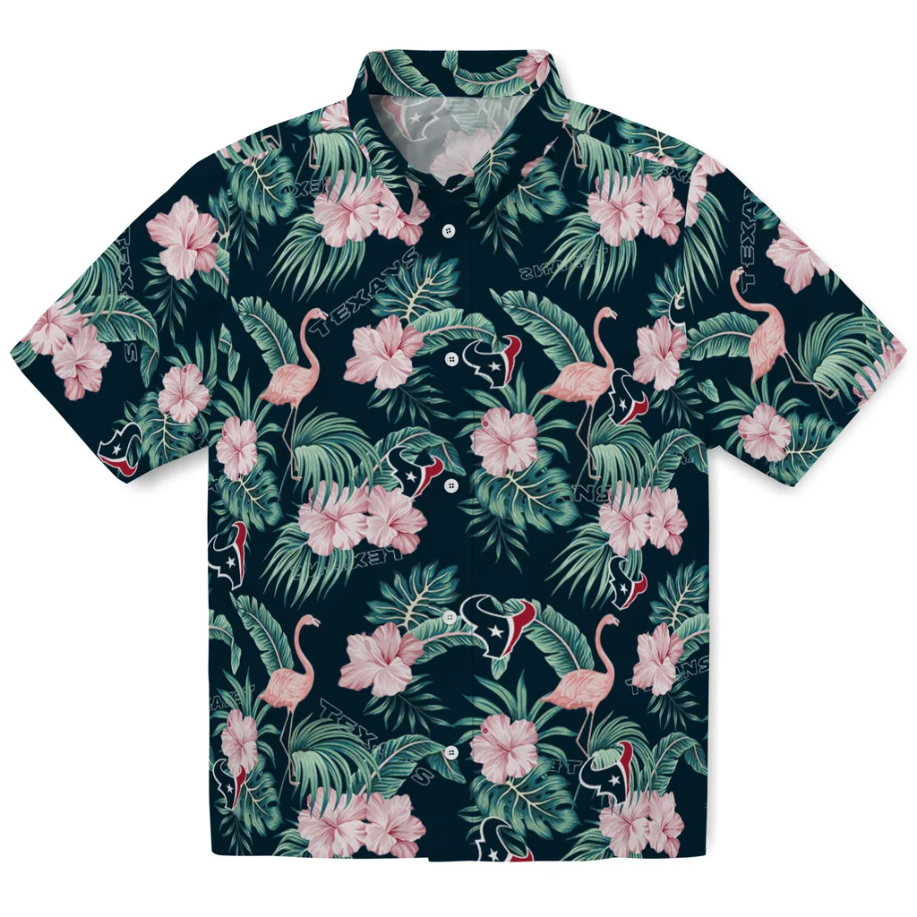 Houston Texans Hawaiian Shirt - Flamingo and Hibiscus houston texans flamingo palms blue hawaiian shirts best selling