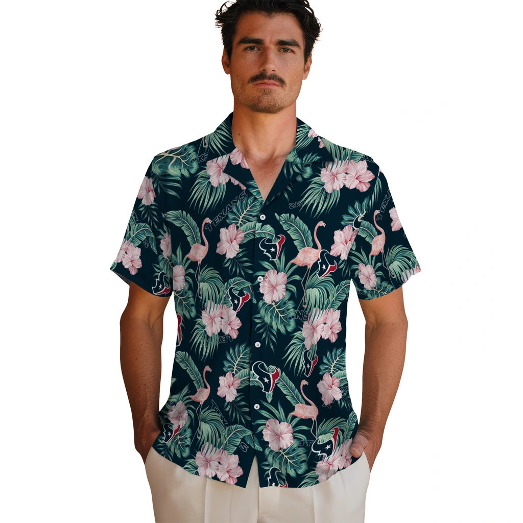 Houston Texans Hawaiian Shirt - Flamingo and Hibiscus houston texans flamingo palms blue hawaiian shirts fashion forward
