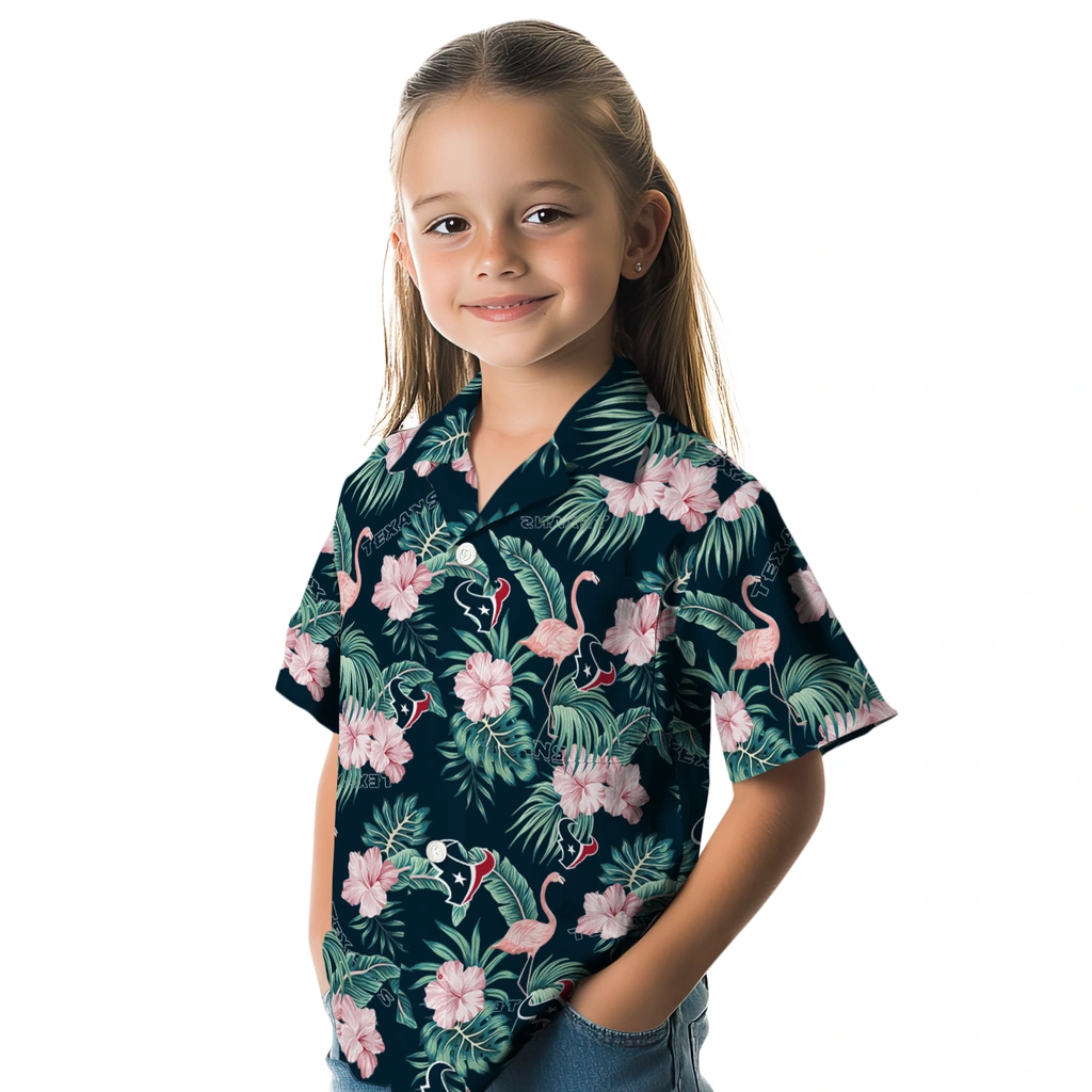 Houston Texans Hawaiian Shirt - Flamingo and Hibiscus houston texans flamingo palms blue hawaiian shirts premium grade