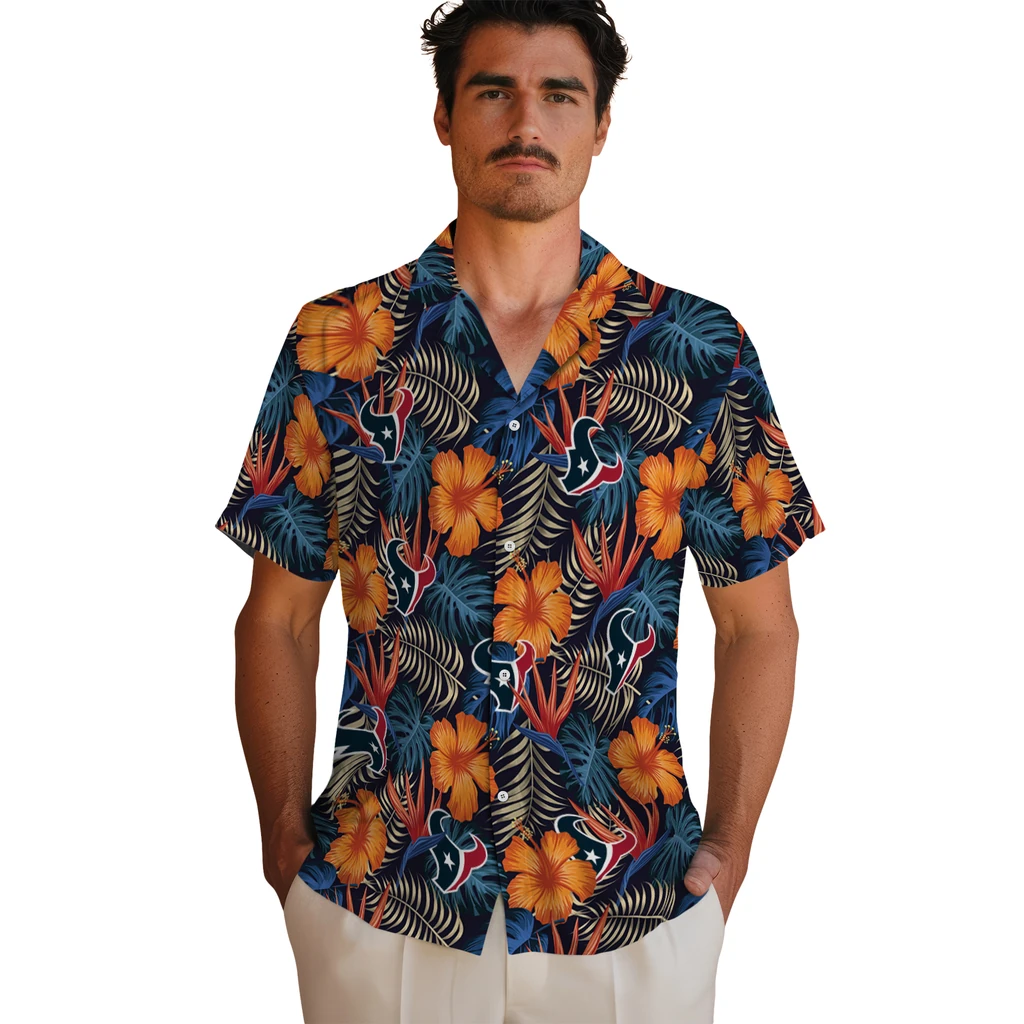 Houston Texans Hawaiian Shirt - Hibiscus Foliage houston texans hibiscus foliage hawaiian shirts fashion forward