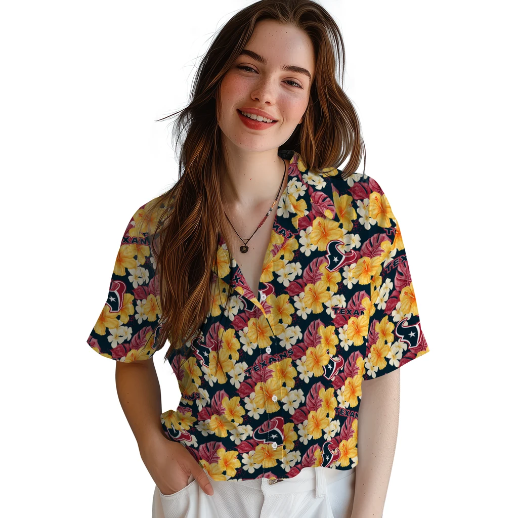 Houston Texans Hawaiian Shirt - Hibiscus Tropics houston texans hibiscus tropics blue yellow hawaiian shirts latest model