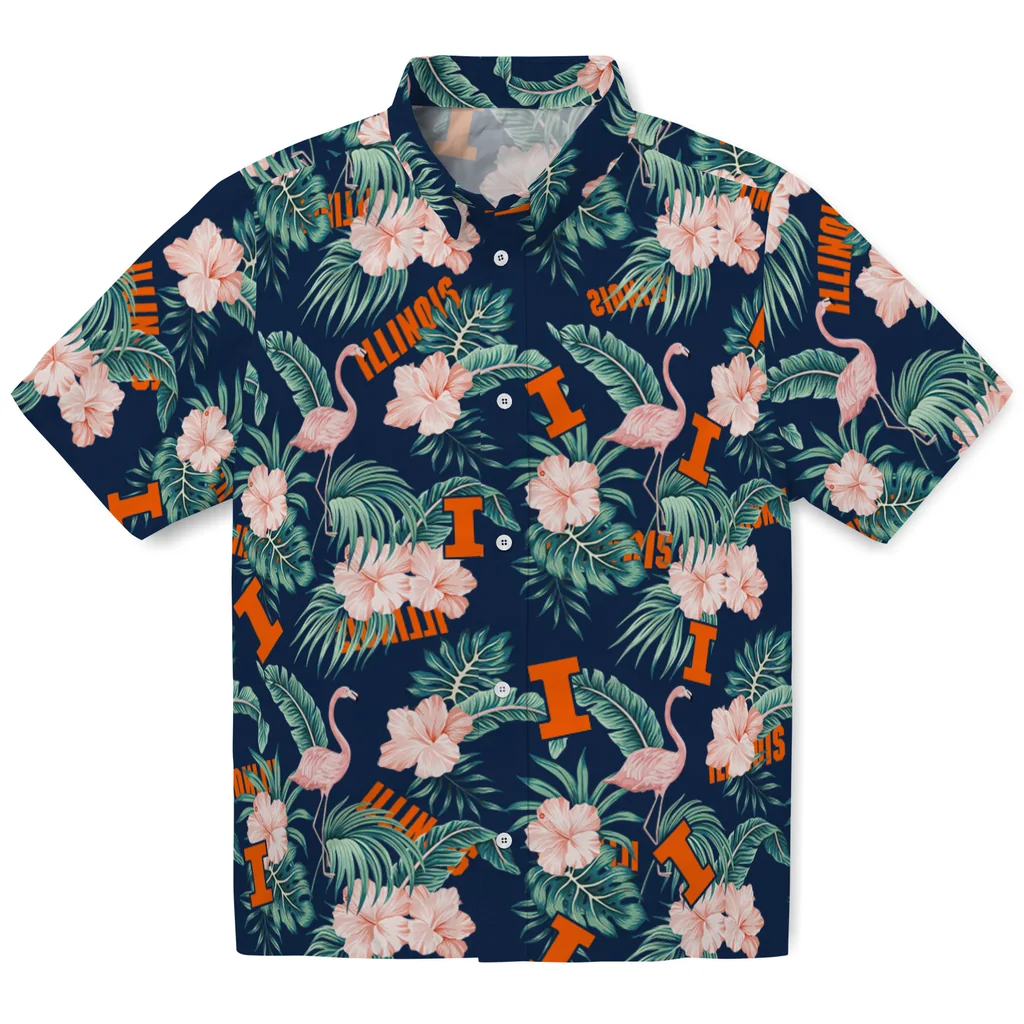 Illinois Fighting Illini Hawaiian Shirt - Flamingo and Hibiscus illinois fighting illini flamingo palms blue hawaiian shirts best selling