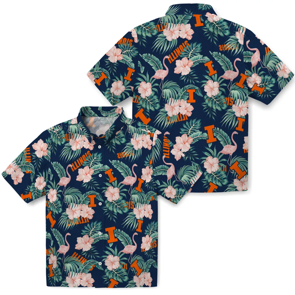 Illinois Fighting Illini Hawaiian Shirt - Flamingo and Hibiscus illinois fighting illini flamingo palms blue hawaiian shirts high quality