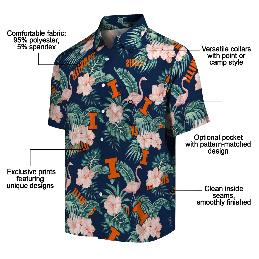 Illinois Fighting Illini Hawaiian Shirt - Flamingo and Hibiscus illinois fighting illini flamingo palms blue hawaiian shirts new arrival
