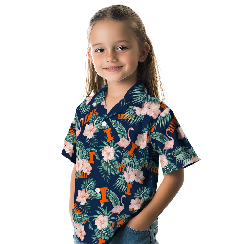 Illinois Fighting Illini Hawaiian Shirt - Flamingo and Hibiscus illinois fighting illini flamingo palms blue hawaiian shirts premium grade