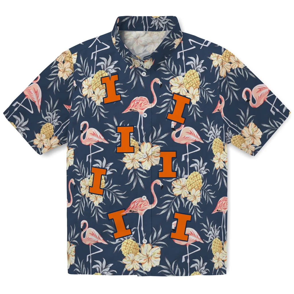 Illinois Fighting Illini Hawaiian Shirt - Flamingo Hibiscus illinois fighting illini flamingo hibiscus navy hawaiian shirts best selling