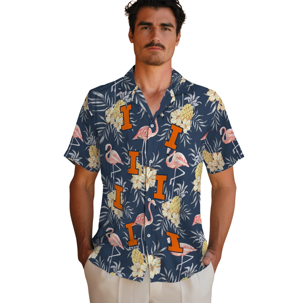 Illinois Fighting Illini Hawaiian Shirt - Flamingo Hibiscus illinois fighting illini flamingo hibiscus navy hawaiian shirts fashion forward