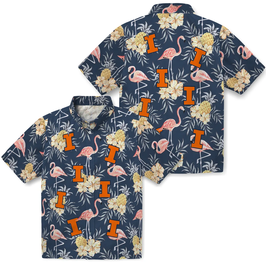 Illinois Fighting Illini Hawaiian Shirt - Flamingo Hibiscus illinois fighting illini flamingo hibiscus navy hawaiian shirts high quality