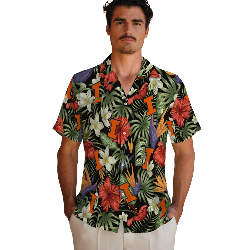 Illinois Fighting Illini Hawaiian Shirt - Hawaii Floral Hibiscus illinois fighting illini hibiscus bird hawaiian shirts fashion forward