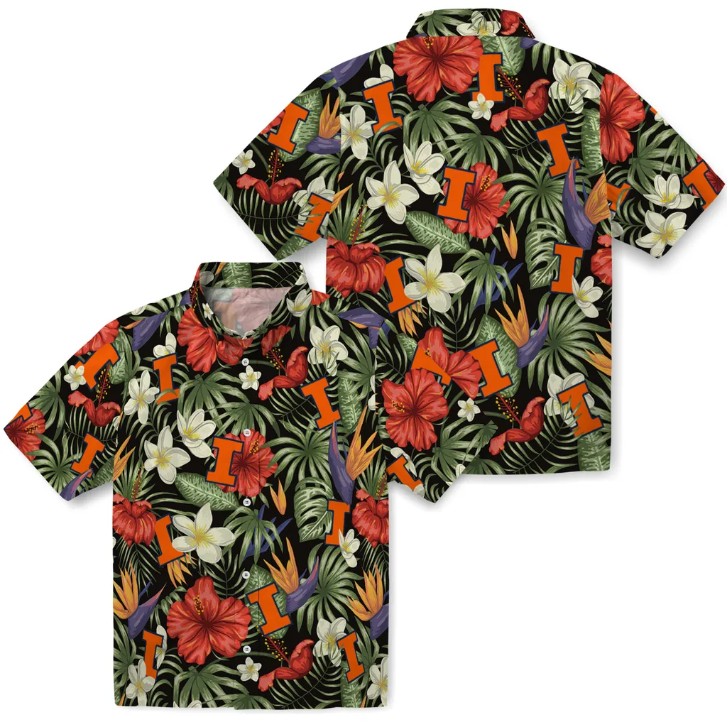 Illinois Fighting Illini Hawaiian Shirt - Hawaii Floral Hibiscus illinois fighting illini hibiscus bird hawaiian shirts high quality
