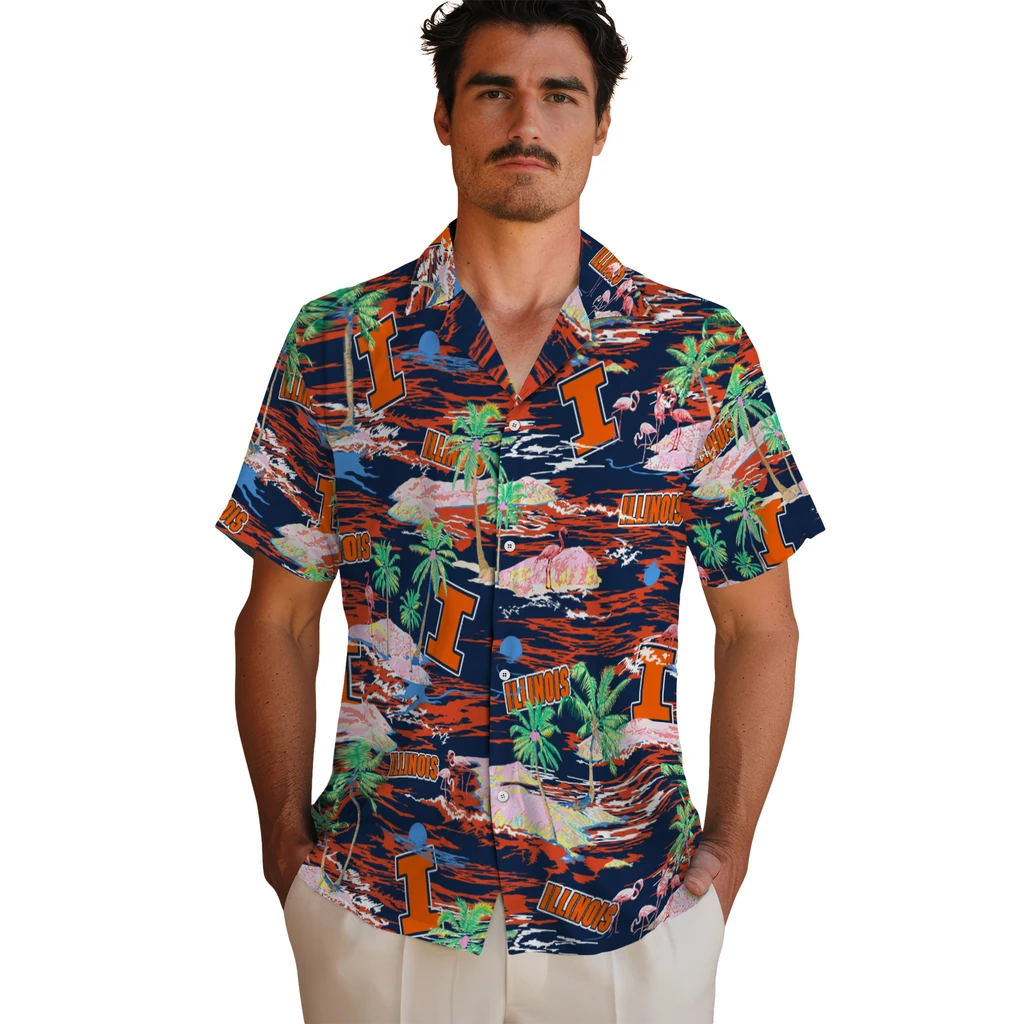 Illinois Fighting Illini Hawaiian Shirt - Hawaii Island illinois fighting illini flamingo retreat blue hawaiian shirts fashion forward