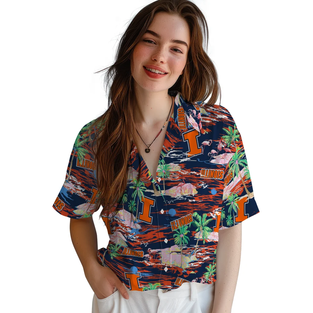 Illinois Fighting Illini Hawaiian Shirt - Hawaii Island illinois fighting illini flamingo retreat blue hawaiian shirts latest model