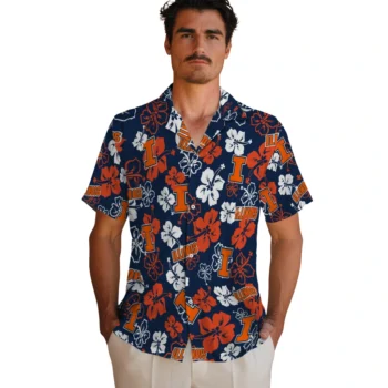 illinois fighting illini hibiscus bloom blue hawaiian shirts fashion forward