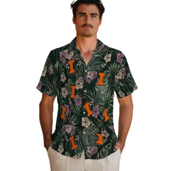 illinois fighting illini hibiscus leaves pattern green hawaiian shirts fashion forward