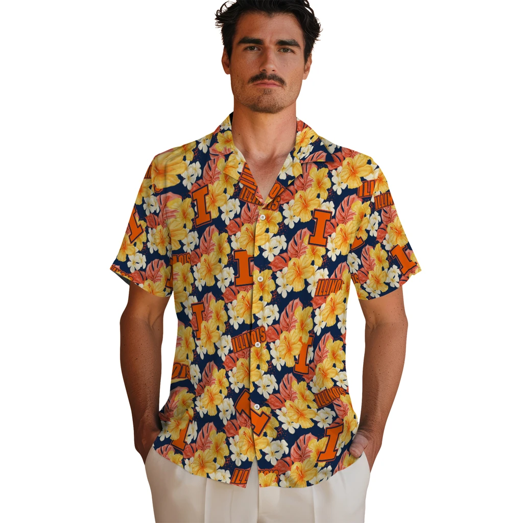 Illinois Fighting Illini Hawaiian Shirt - Hibiscus Tropics illinois fighting illini hibiscus tropics blue yellow hawaiian shirts fashion forward