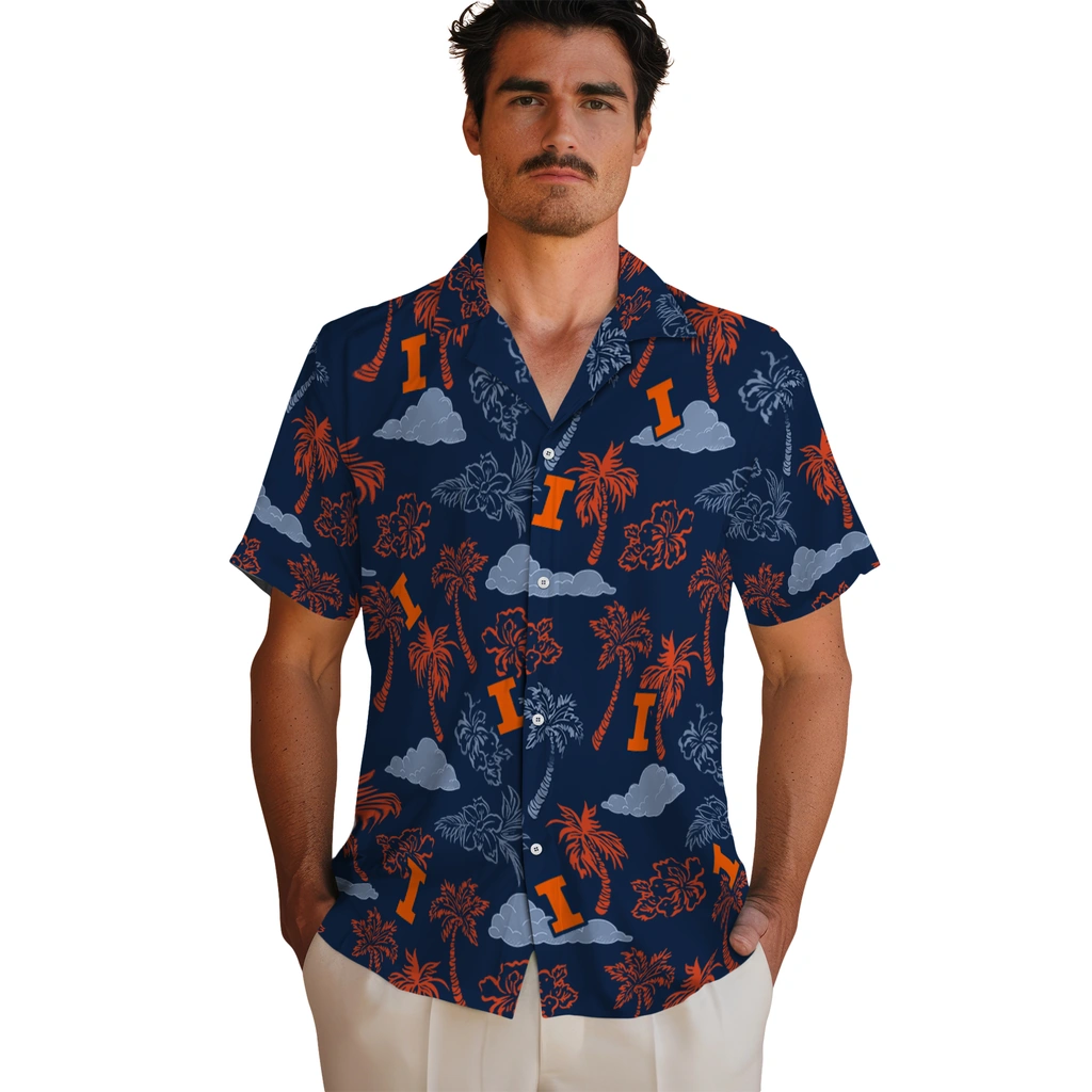 Illinois Fighting Illini Hawaiian Shirt - Palm And Clouds illinois fighting illini palm and clouds blue hawaiian shirts fashion forward
