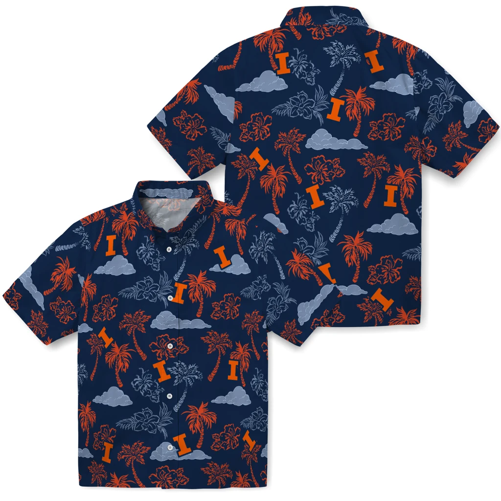 Illinois Fighting Illini Hawaiian Shirt - Palm And Clouds illinois fighting illini palm and clouds blue hawaiian shirts high quality